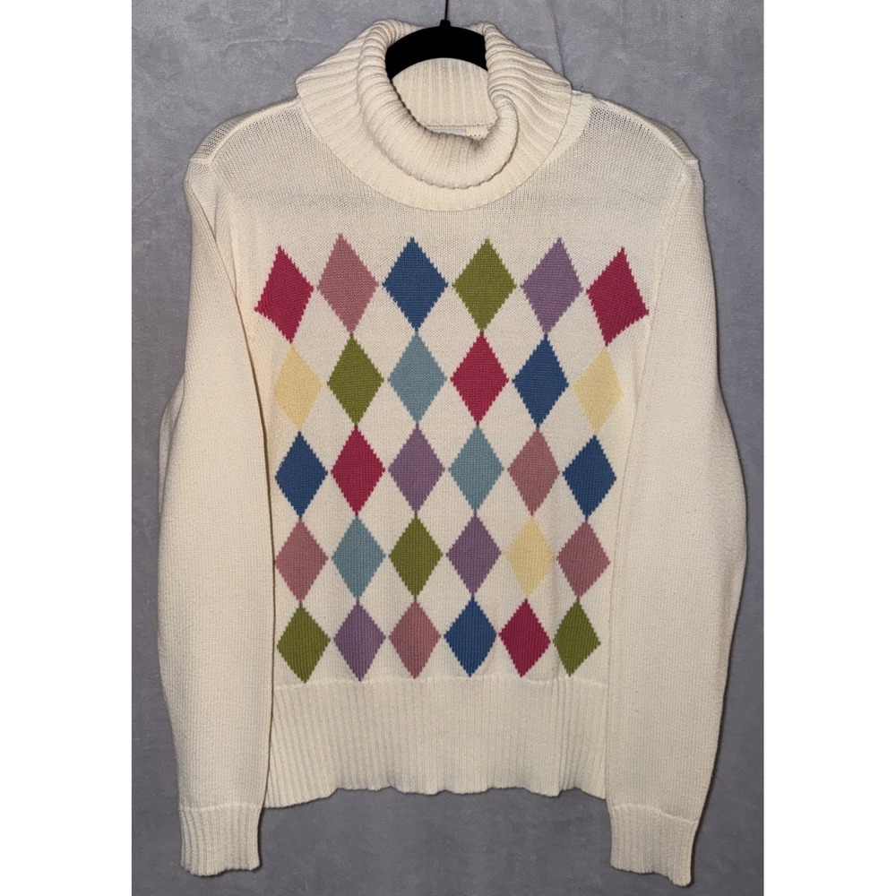 Y2K Liz Claiborne Village Women Argyle Sweater Preppy‎ Colorful Cotton Golfcore